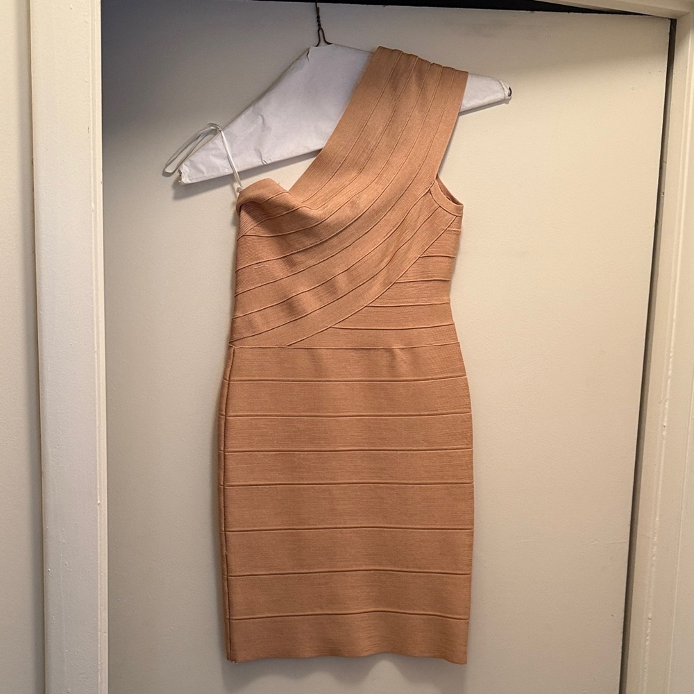 Terani Couture One-Shoulder Beige Dress